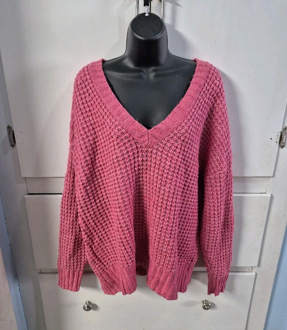 AE Whoa So Cozy Waffle V-Neck Oversized Sweater American Eagle Pink Size Small